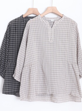 D160122日单新款客供料门襟扣V领套头宽松女休闲通勤纯棉格子衬衫