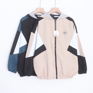 D09061日单新款拉链宽松显瘦中性中大童撞色简洁休闲款连帽外套