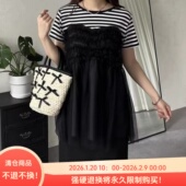 C06075日单夏新款 圆领套头后弹力松紧显瘦女拼接网纱条纹短袖 T恤