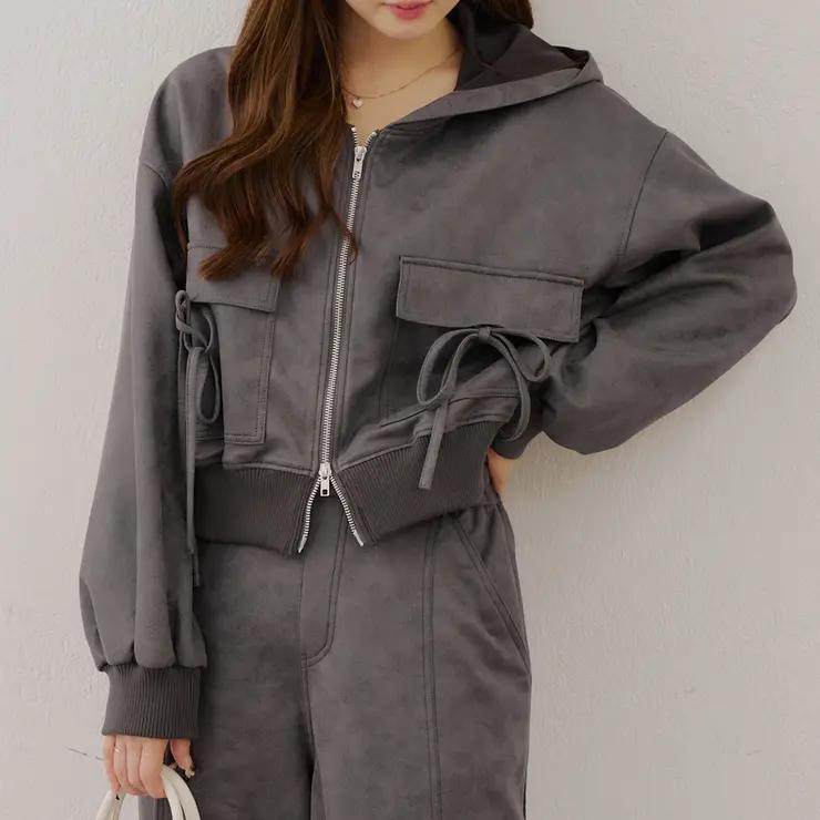 D16031日单新款客供双头拉链宽松显瘦女纯色短款连帽麂皮绒外套