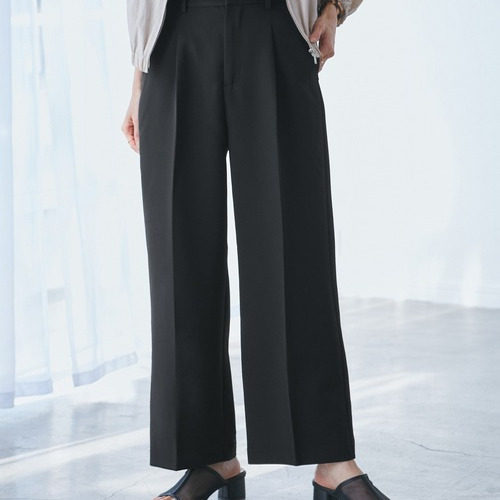 P08066日单新款客供料挂扣松紧高腰显瘦女纯色简洁通勤气质直筒裤