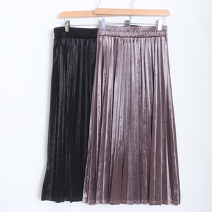 D170112日单客供料松紧高腰显瘦长裙女纯色通勤百褶金丝绒半身裙