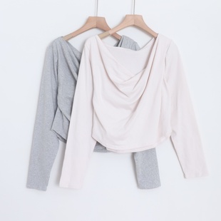 D090110日单新款 T恤 客供料荡领套头有弹性显瘦女优雅气质棉质长袖