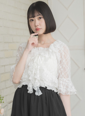 B07051日单夏系带荷叶边衬衫有弹力松紧吊带女甜美蕾丝两件套衬衫