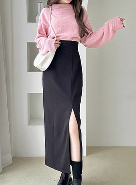 D08037日单新款GL后拉链松紧高腰显瘦H型女优雅气质侧开叉半身裙