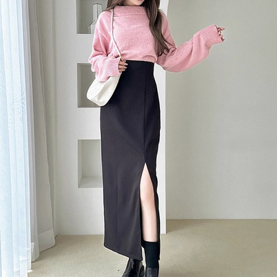 D08037日单新款GL后拉链松紧高腰显瘦H型女优雅气质侧开叉半身裙