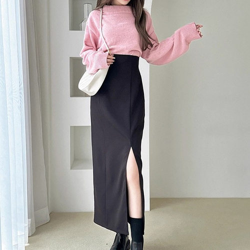 D08037日单新款GL后拉链松紧高腰显瘦H型女优雅气质侧开叉半身裙