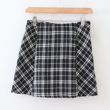 C09072日单秋新款GL隐形拉链绑带松紧腰显瘦女气质粗花呢A字短裙