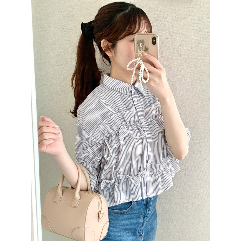 D19014日单新款GL单排扣花边微宽松显瘦女甜美气质条纹短款衬衫