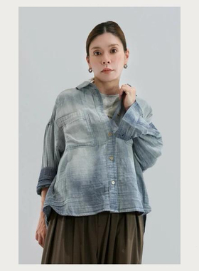 C11074日单秋新款客供料单排扣宽松柔软水洗纯棉纱休闲长袖女衬衫