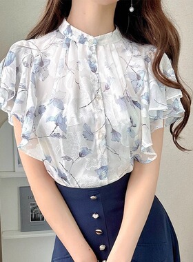 D04092日单客供料新款GL单排扣圆领甜美日系女薄款印花荷叶袖衬衫