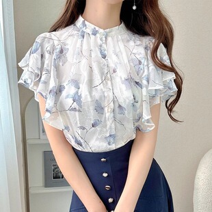 D04092日单客供料新款GL单排扣圆领甜美日系女薄款印花荷叶袖衬衫