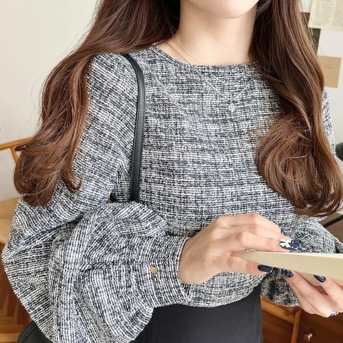 D080118日单秋冬新款客供圆领套头女纯色气质优雅粗花呢长袖衬衫