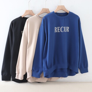 C04064日单新款圆领套头宽松前短后长女通勤休闲字母印花卫衣大码