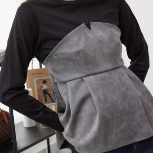 D090123日单客供料新款 T恤 圆领套头好搭配女气质拼接麂皮绒长袖