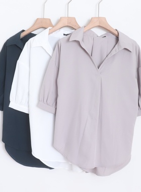 D15039日单客供料V领套头宽松显瘦好搭配女多色气质通勤短袖衬衫