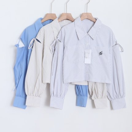 D06077日单秋新款客供单排扣宽松显瘦女气质袖系带短款长袖衬衫