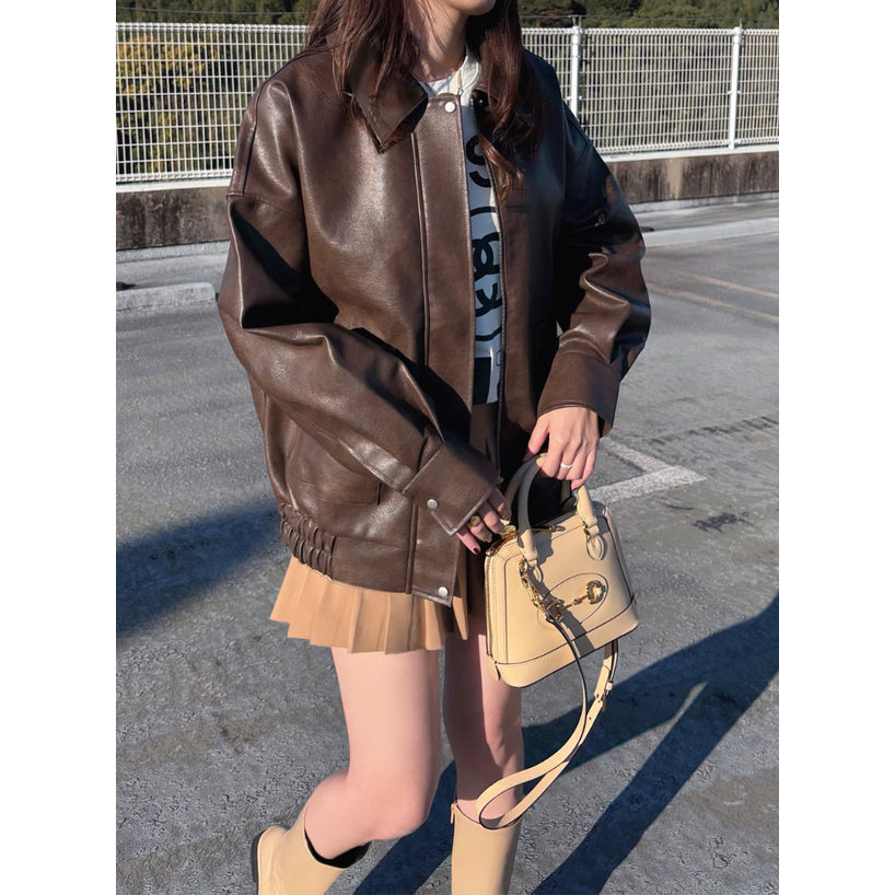 D16064日单新款GL客供料翻边领拉链宽松好搭配女休闲PU皮衣外套