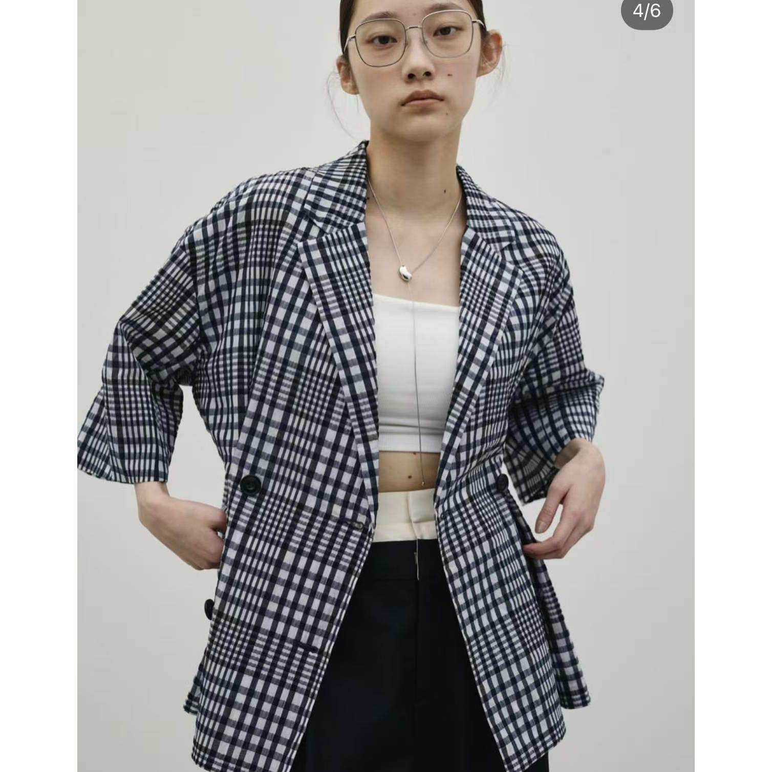 E01018日单春夏松本新款1.4W客供料双排扣女通勤休闲格子西装外套