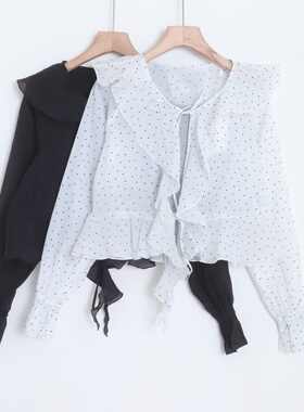 D09091日单新款系带荷叶边宽松显瘦女甜美气质圆点松紧喇叭袖衬衫