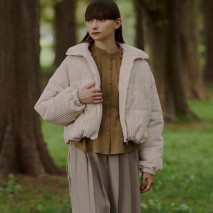 C11060日单秋冬新款客供料立领宽松加厚保暖女纯色短款灯芯绒棉服