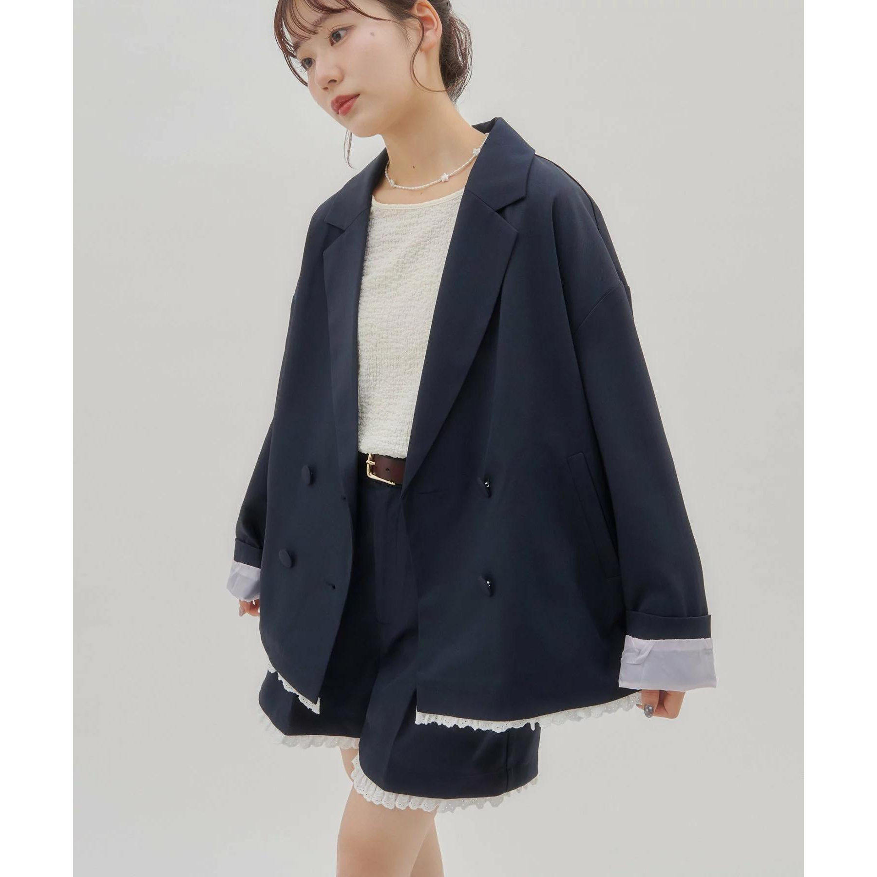 E04053日单新款双排扣宽松下摆刺绣花边可拆女甜美气质西装外套
