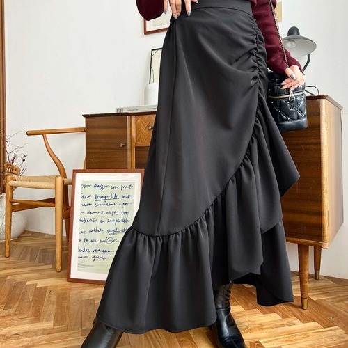 D080115日单新款松紧高腰显瘦花边长裙女褶皱甜美气质长款半身裙