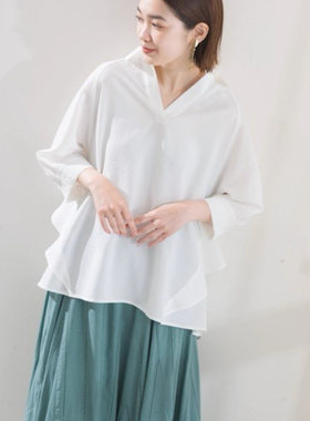 D11037日单客供料简洁V领套头宽松女纯色气质后荷叶边七分袖衬衫