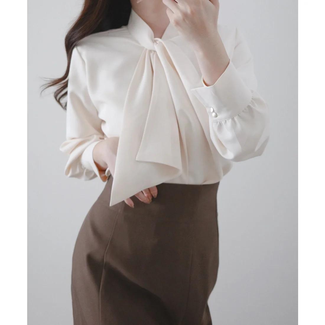 D24049日单贵牌新款单排扣褶皱领微宽松显瘦有领带女气质长袖衬衫图片