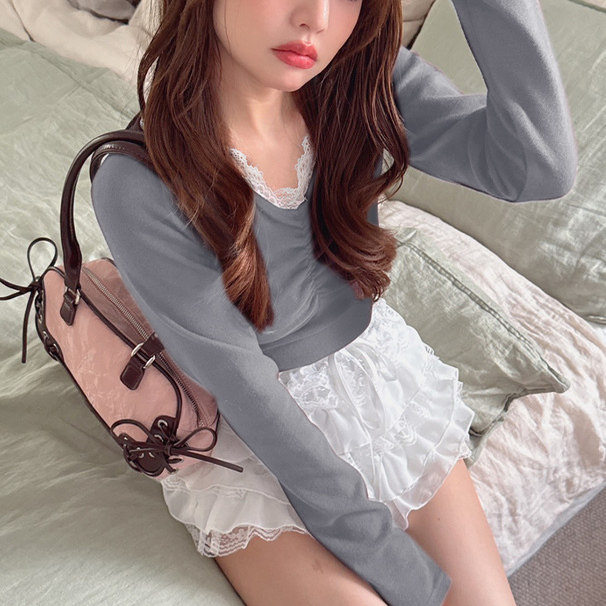 D08067日单新款蕾丝花边褶皱领修身显瘦打底衫女甜美气质长袖T恤