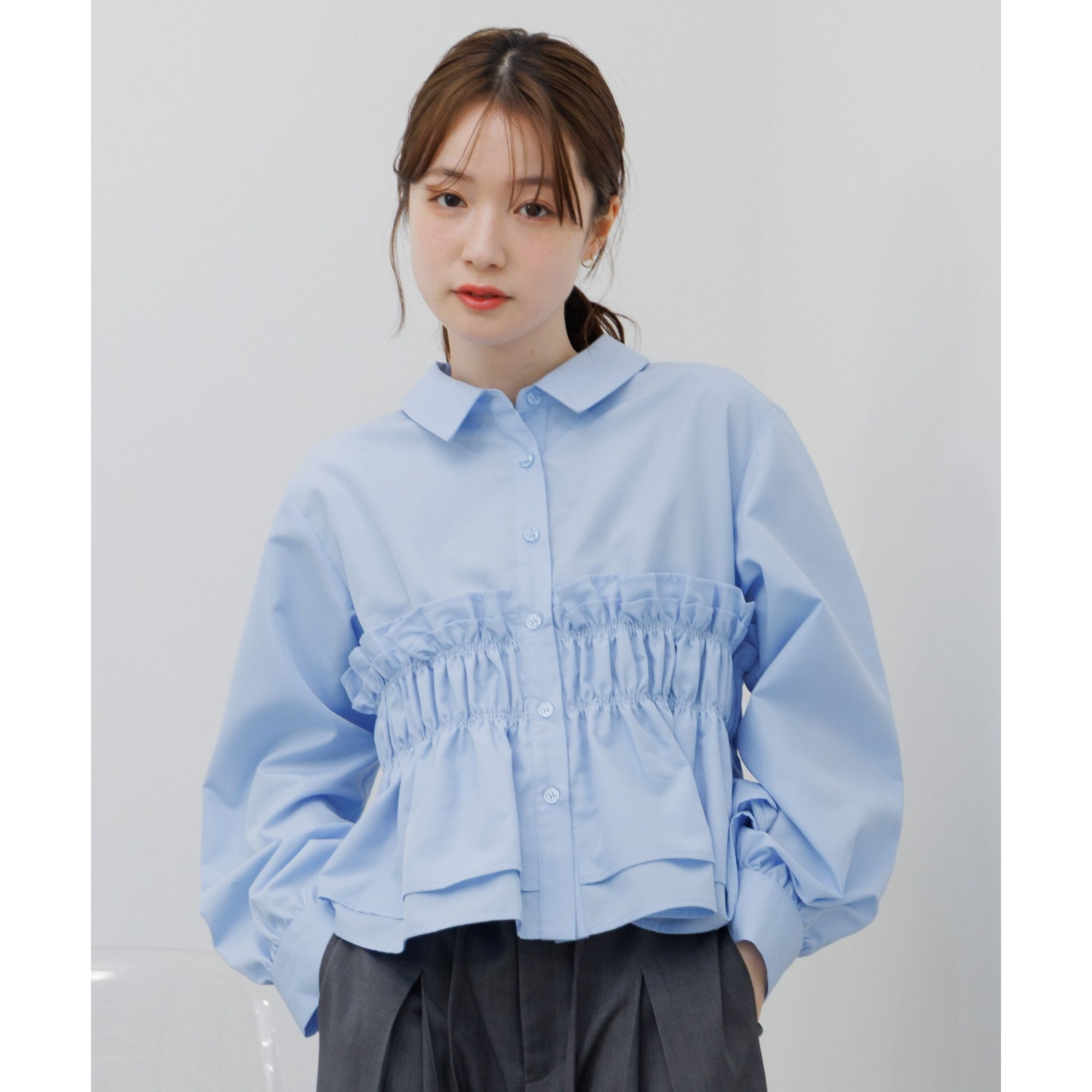 E050121日单夏新款客供料单排扣花边松紧女甜美气质短款长袖衬衫