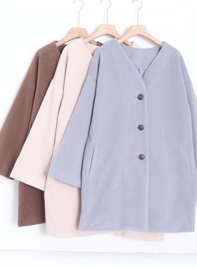 D070102日单秋冬新款客供料V领单排扣宽松女气质中长款呢子外套