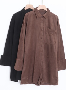 D04070日单秋新款客供料门襟扣套头宽松女纯色气质休闲连体短裤