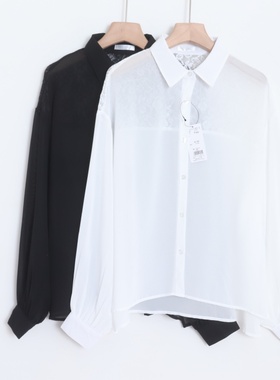 D08062日单新款客供单排扣宽松显瘦女纯色轻薄气质拼蕾丝长袖衬衫