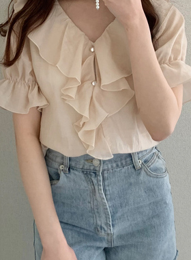 C08019日单新款GL荷叶边V领单排扣微宽松女甜美松紧喇叭袖衬衫