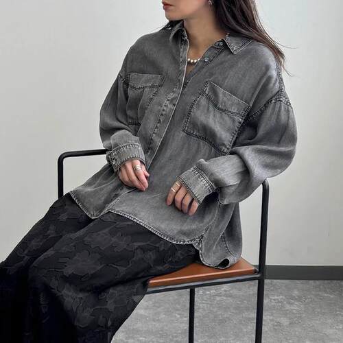 A01058日单贵牌新款客供料隐形扣宽松显瘦女天丝牛仔休闲长袖衬衫