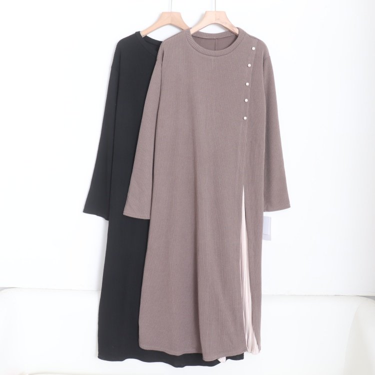 D07096日单秋冬新款圆领套头宽松女通勤气质拼接针织连衣裙有大码