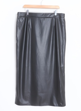 D08044日单秋冬新款后松紧高腰H型女通勤气质开叉PU皮半身裙大码