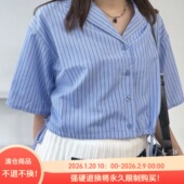 B06053日单夏新款 衬衫 西装 领单排扣宽松抽绳系带女气质烫钻短袖