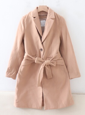 D02032日单秋冬款V*S西装领可脱卸显瘦女气质有腰带中长呢子外套