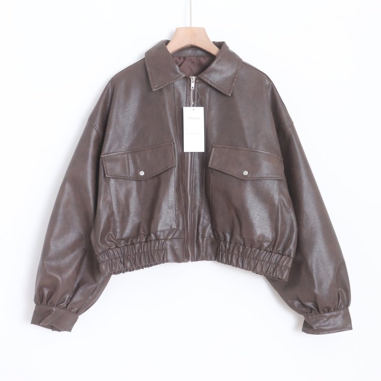 D15073日单新款客供料翻边领拉链宽松女纯色短款休闲PU皮衣外套,女装/女士精品,皮衣,淘宝优惠券,粉丝福利购,淘宝优惠卷