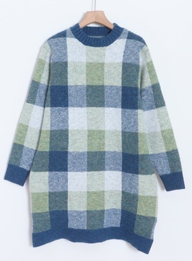 D04003日单客供料秋冬款圆领套头宽松保暖女休闲格子中长款毛衣