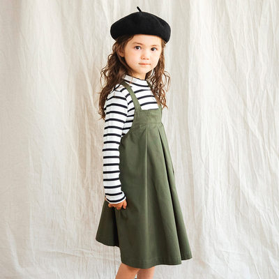 D15060日单新款客供料纯色松紧套头显瘦女童甜美纯棉可调节背带裙