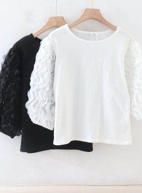 C05065日单夏新款客供料圆领套头微宽松女纯色气质拼接纱网袖T恤