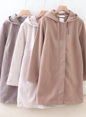 D01030日单秋冬款客供料拉链宽松女气质通勤连帽中长款呢子外套