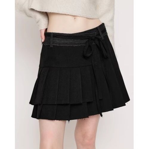 D080104日单新款9900日元无系绳系带高腰A字短裙女百褶毛边半身裙