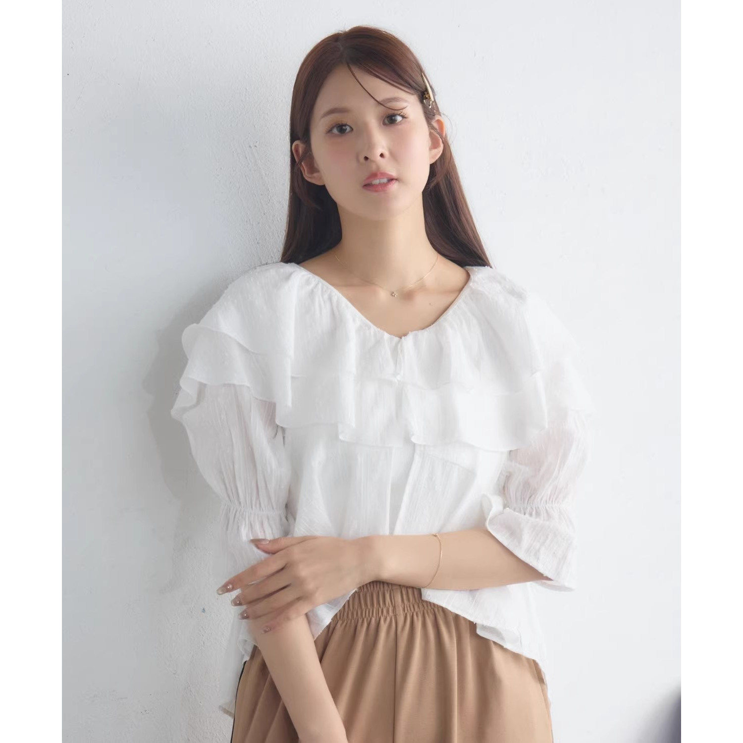 D23060日单春夏新款客供料开衫荷叶边微宽松女纯棉甜美喇叭袖衬衫