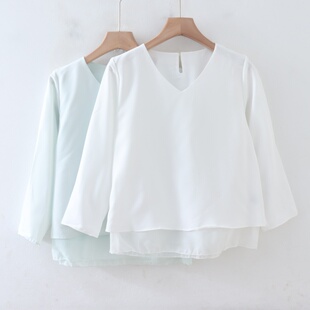 B05029日单新款客供料后纽扣V领套头微宽松显瘦女气质薄款衬衫