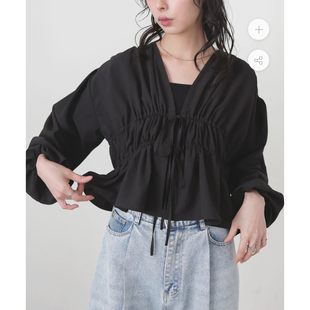 D16001日单新款门禁抽绳系带V领套头宽松女纯色甜美气质长袖衬衫