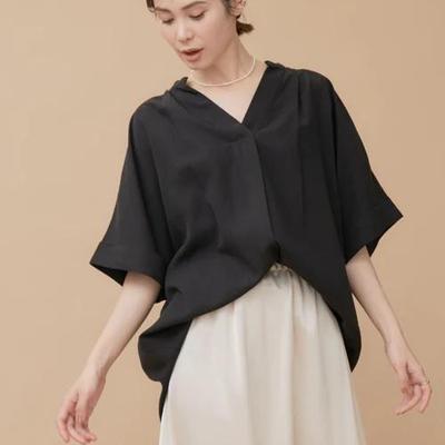 B04042日单8900日元夏新款客供料V领套头宽松女气质翻边短袖衬衫